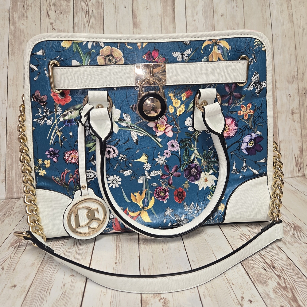 Dasein Floral Satchel Crossbody Bag Blue White Gold Hardware - Picture 3 of 14
